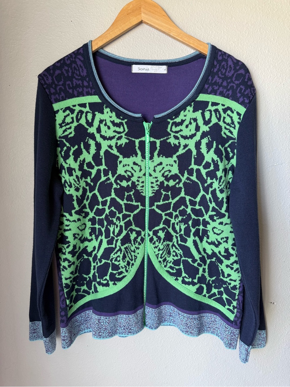 Skovhuus Green & Navy Abstract Pattern Zip-Front Sweater Women’s Size Large